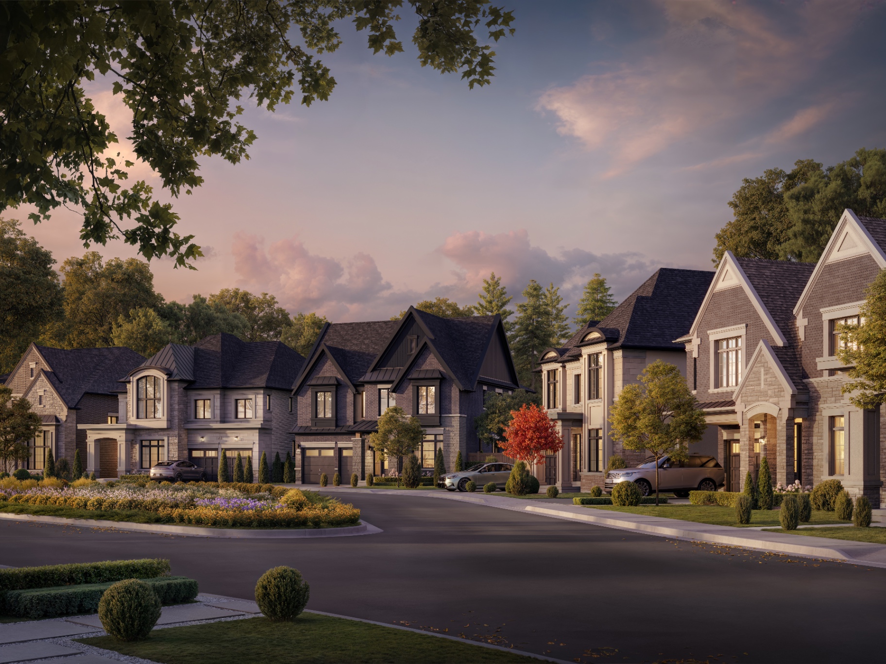 Millcroft Legacy estate streetscape at dusk