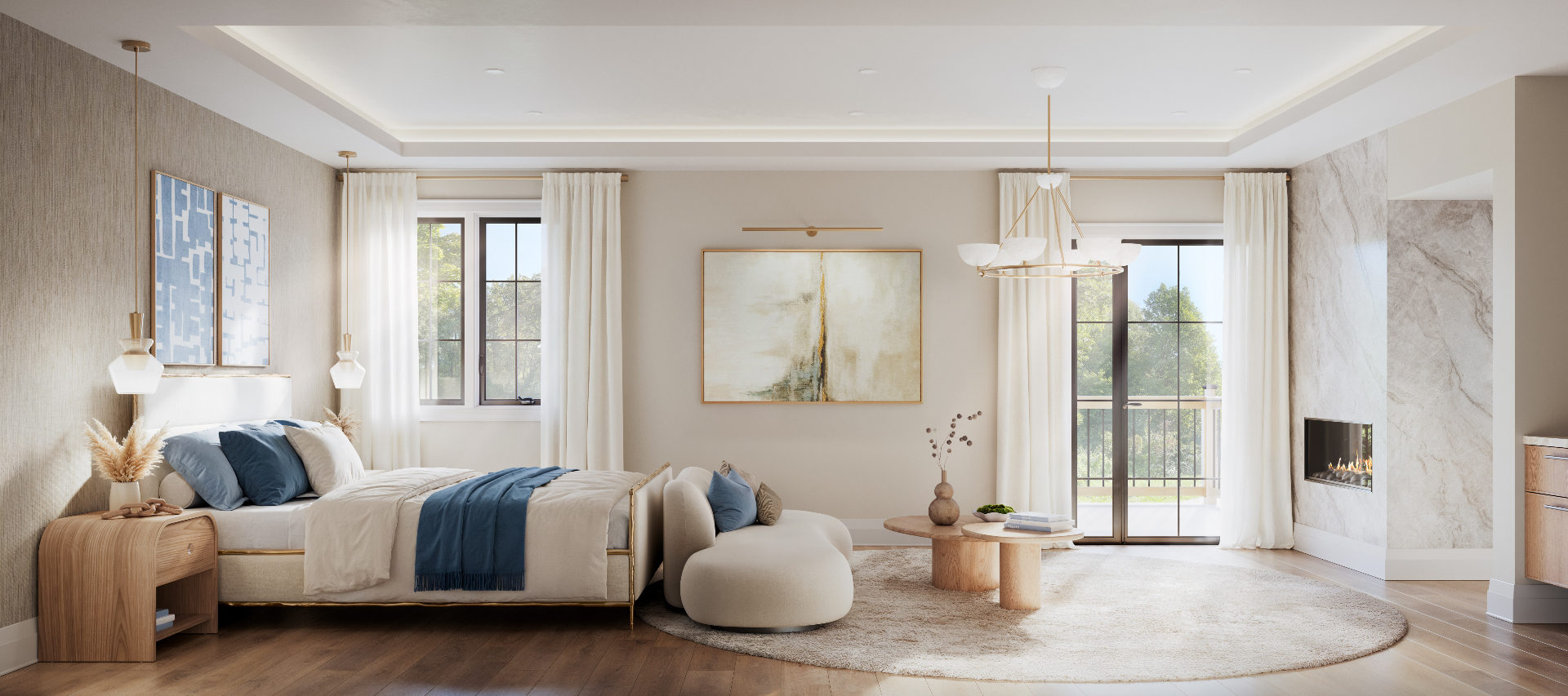 Primary bedroom suite with fireplace
