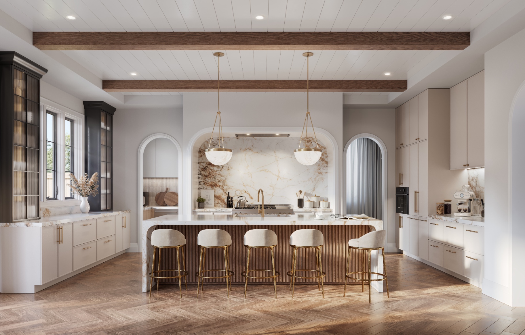 Designer kitchen with marble and brass