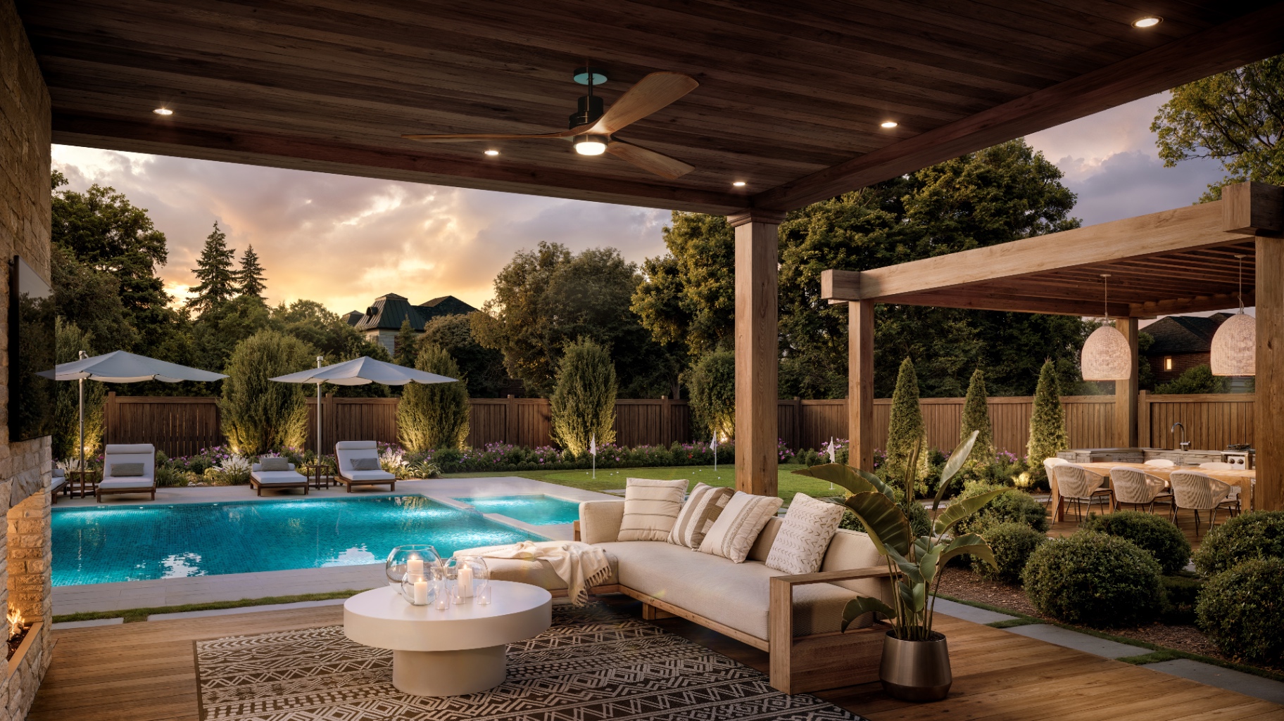 Covered backyard with pool at sunset